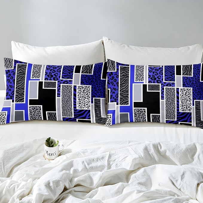 Erosebridal Leopard Print Comforter Cover Queen Zebra Skin Texture Bedding Set Wild Animal Cheetah Print Duvet Cover for Kids Teen Adults,Blue Black Grey Geometric Bed Set
