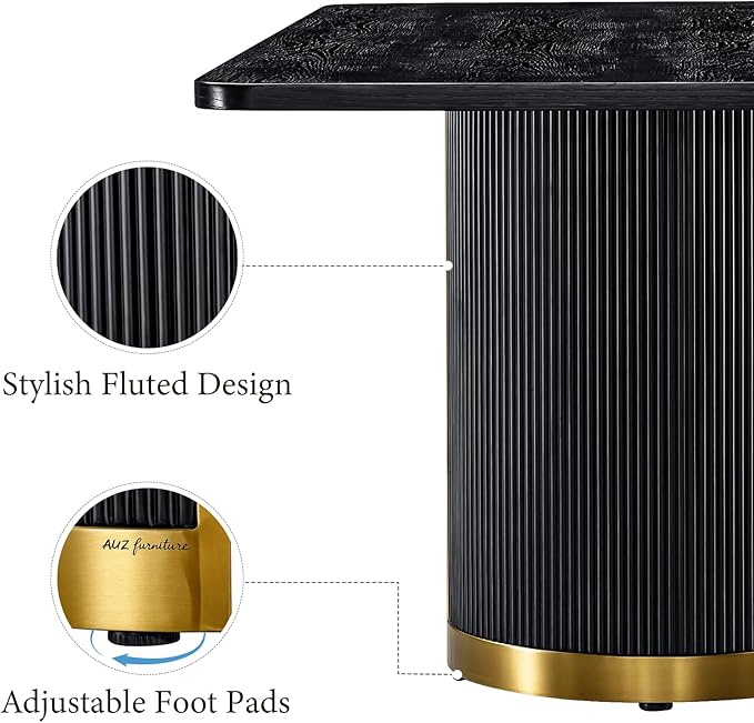 AUZ 78” Luxury Dining Table for 6-8, Farmhouse Wood Dining Room Table with Fluted Design and Brushed Metal Base, Large Rectangular Kitchen Table, Black and Gold