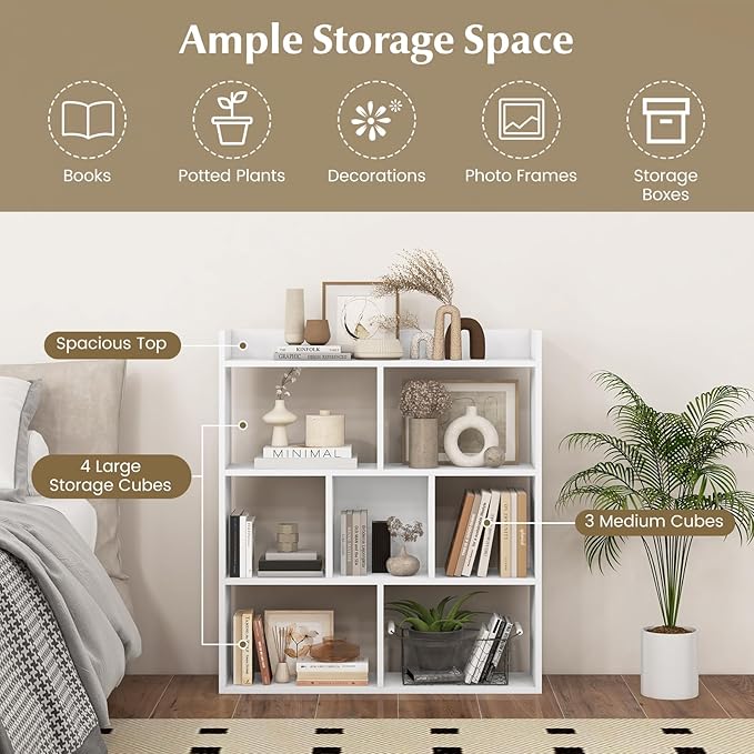 Giantex 7 Cube Bookshelf, Free-Standing Wooden Bookcase, 4 Tier Home Display Shelf, Horizontal Storage Unit w/Anti-Toppling Devices, Open-Back Display Rack for Study, Office, Living Room, White