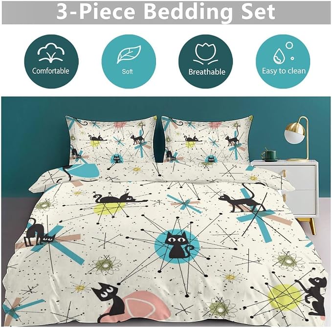 Mid Century Black Cat Comforter Set,Retro Abstract Atomic Star Pattern Cartoon Black Cat 1950s 1960s Vintage Pastel Bedding Set with Pillowcase for Bedroom Bed Decor,Full 79"x90"