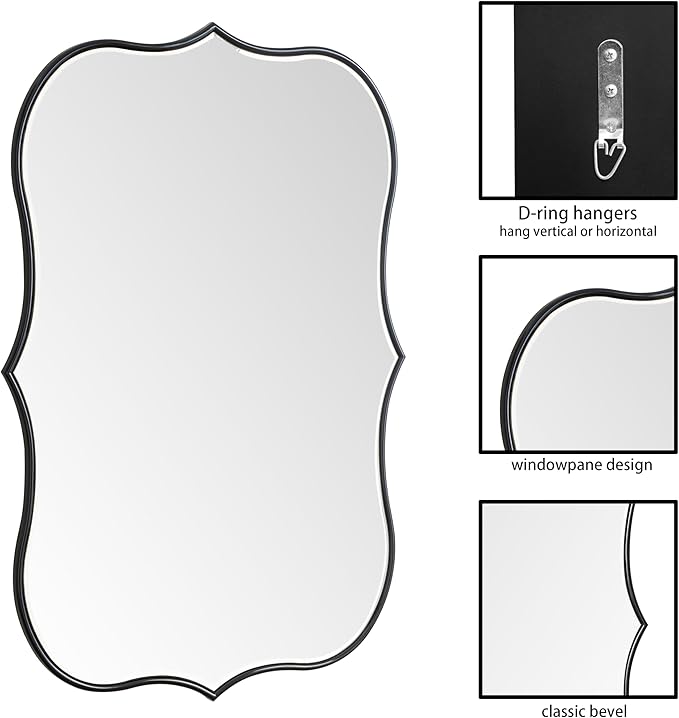 SHYFOY Decorative Wall Mirror Asymmetrical Mirrors for Wall Decor, Black Irregular Mirror for Living Room Decor, Modern Large Mirror Abstract Clound Shape, 24"x35", Scalloped Wood Frame