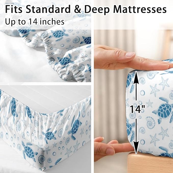 Pamnest Twin Size Bed Sheet Sets, Sea Turtle Ocean Soft Microfiber 3 Pcs Bedding Sets for Kids and Adults Bedroom Bed Decor, Animal Starfish Beach Flat, Fitted Sheet and Pillowcases