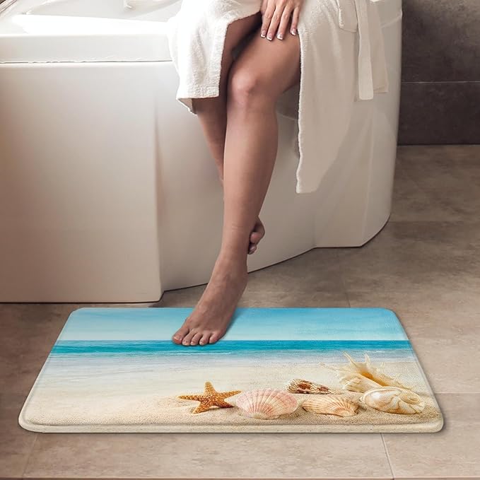 Britimes Bath Mat for Bathroom, Blue Beach Starfish Sea Washable Cover Floor Rug Carpets Floor Mat Bathroom Decorations 16x24 Inches for Kitchen Bedroom Indoor