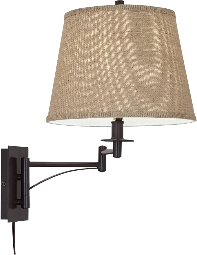 Franklin Iron Works Brinly Farmhouse Rustic Swing Arm Wall Lamps Set of 2 Matte Brown Metal Plug-in 12" Fixture Burlap Hardback Drum Shade for Bedroom Bedside Living Room Hallway Reading