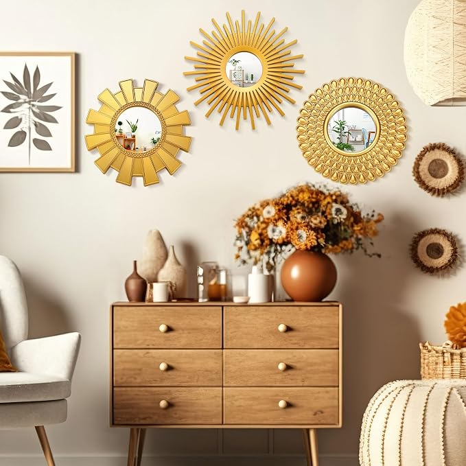 Fourluoo 3 Pack Gold Sunburst Mirrors for Wall Decor Circle Flowers Mirrors Decorative Gold Hanging Wall Art Flowers Mirror for Home Living Dinning Room Bedroom Bathroom Boho Decoration Art(Sunburst)