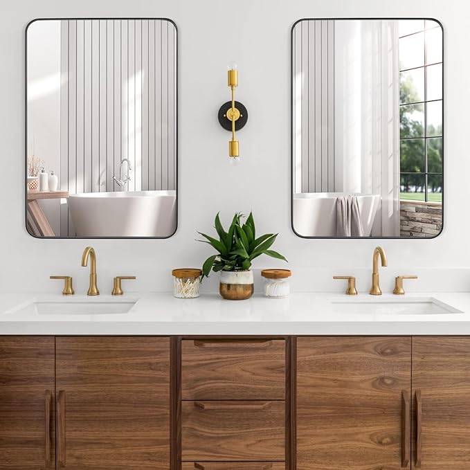 Black Bathroom Mirror 28X36 Inch Rounded Rectangle Wall Mirror Stainless Steel Metal Frame Vanity Mirror Anti-Rust for Entryway, Bathroom, Vanity, Living Room Hangs Vertically or Horizontally