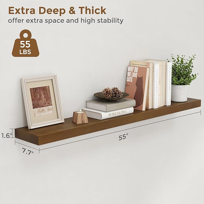Marsmiles Wood Floating Shelves | 55 Inch Rustic Dark Wood Wall Shelves Set of 1 | 55" W x 7.7" D x 1.6" H Wooden Shelves for Bathroom Living Room Kitchen