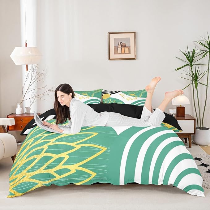 Erosebridal Turquoise Boho Modern Duvet Cover Full Size for Women Men Adults - Mid Century Abstract Comforter Cover Bohemian Geometric Bedding Set Chic Contemporary Stripes Bed Set