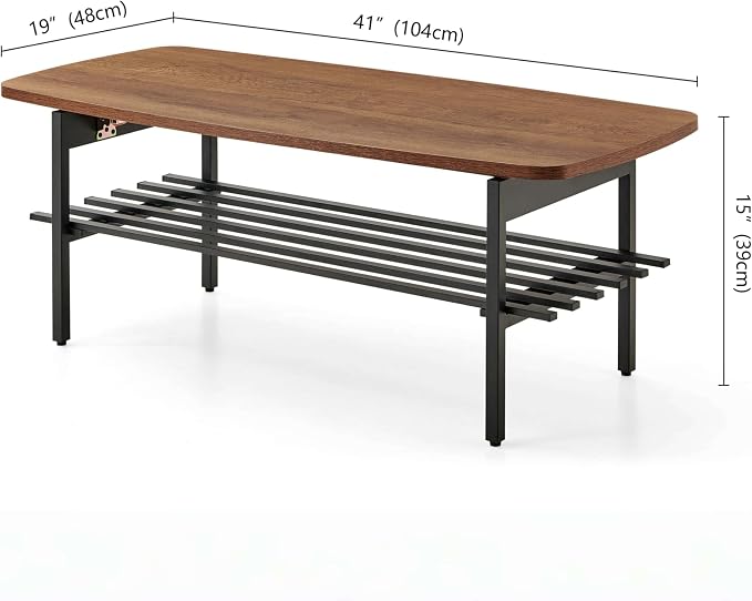 Wood Folding Coffee Table, Mid-Century Modern Design, 2-Tier, L41*W19*H15 inch, for Living Room, Walnut Finish Wood Top and Black Metal Frame