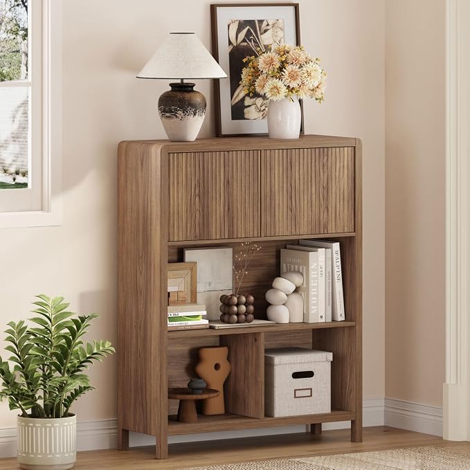 FATORRI Bookshelf with Storage, 5 Cube Bookcase with Doors, Farmhouse Wood Cube Storage Organizer for Home Office, Bedrooom, Living Room (Walnut)