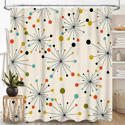 Mid Century Modern Shower Curtain, Geometric Atomic Abstract Iconic Pattern 1950s 1960s Retro Style Art Pastel Waterproof Fabric Bathroom Shower Curtain Set with Hooks,72"x84" Inch