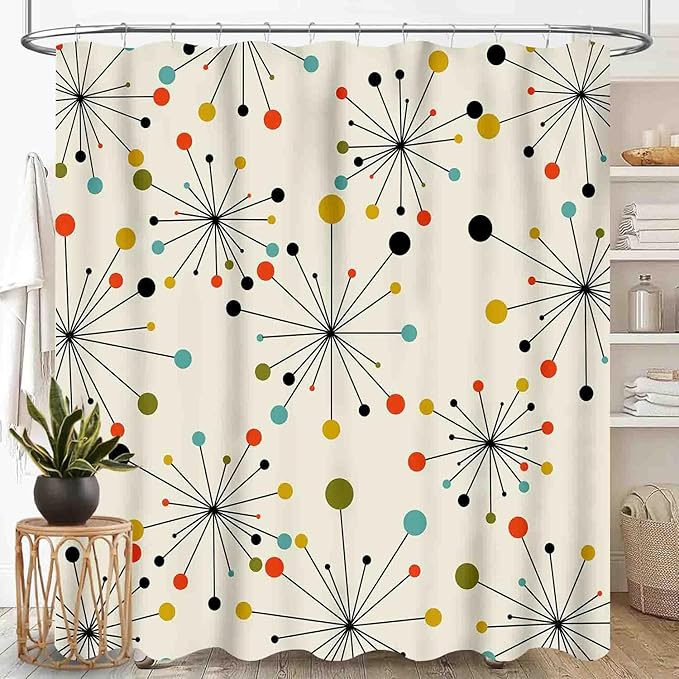 Mid Century Modern Shower Curtain, Geometric Atomic Abstract Iconic Pattern 1950s 1960s Retro Style Art Pastel Waterproof Fabric Bathroom Shower Curtain Set with Hooks,72"x84" Inch