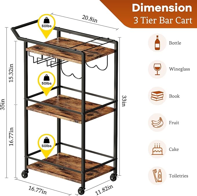 LOTEYIKE 3 Tier Bar Cart, Mini Liquor Utility Cart for Wine Beverage Dinner Party, Rolling Wine Coffee Drink Serving Cart with Lockable Wheels for Home Kitchen Bars (Rustic Brown)