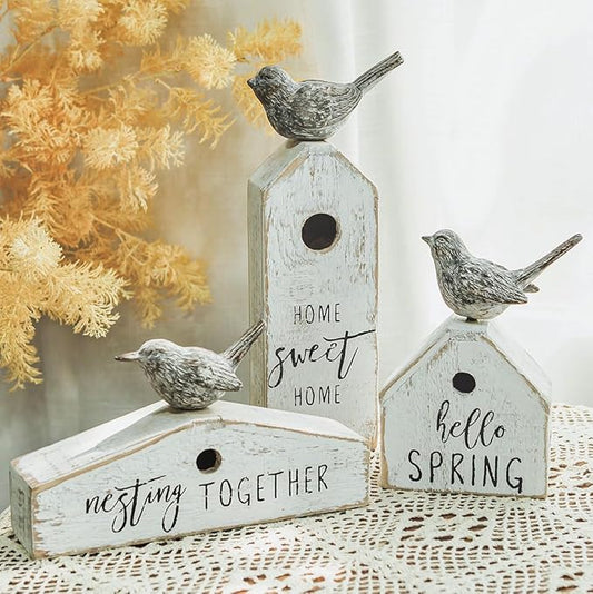 3 Pcs Birdhouse Shaped Wooden Table Decor with Bird Ornament, Rustic Farmhouse Spring Decor for Shelf Mantel Desk Decoration, Housewarming Gift, Hello Spring, Nest Together, Home Sweet Home