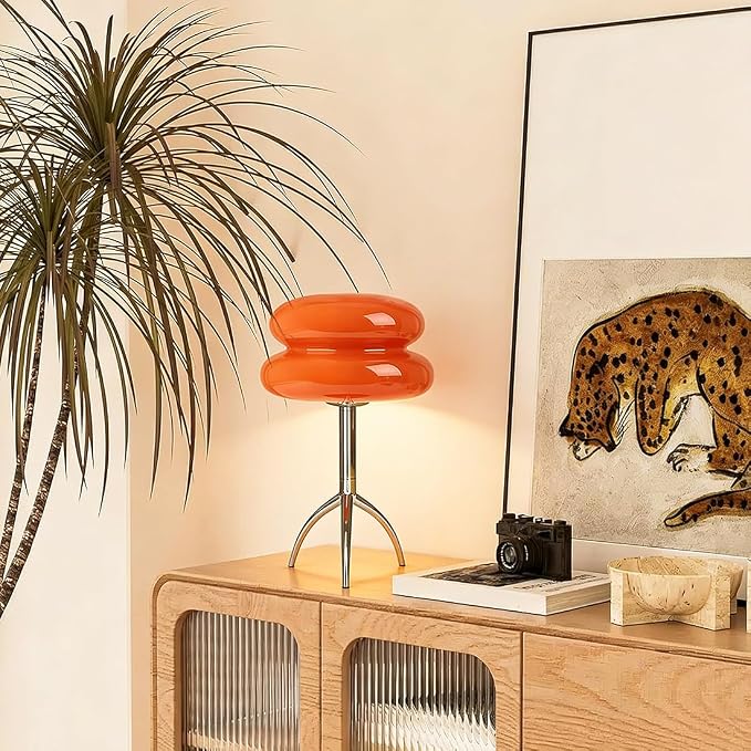 Orange Mushroom Table Lamp Chrome Tripod Base Bedside Lamp Mid Century Modern Lamp Bauhaus MCM Glass Nightstand Lamp for Bedroom Bathroom Livingroom