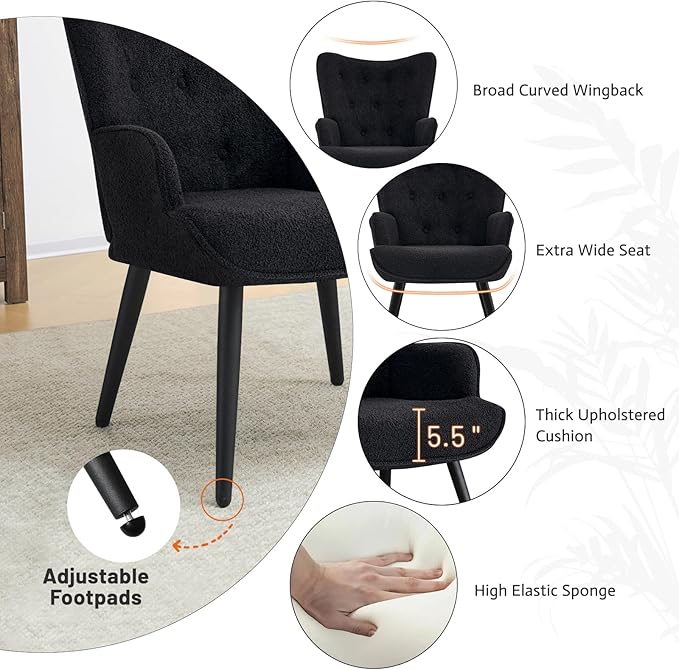 Furniliving Boucle Accent Chair for Living Room, Upholstered Reading Chair with High Backrest, Tufted-Button Wingback Armchair for Bedroom, Dressing Room, Home Office, Black