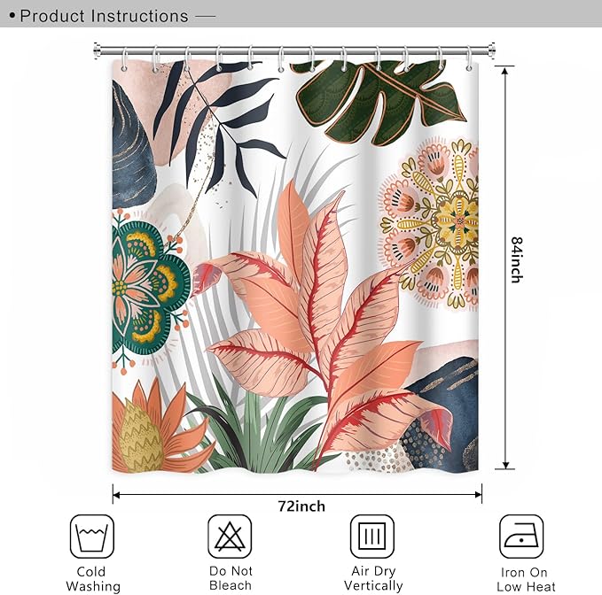Abstract Mid Century Bathroom Curtain Colorful Boho Tropical Leaves Shower Curtain with Hooks Polyester Waterproof Fabric Home Bathtub Decorative, 72x84 Inch
