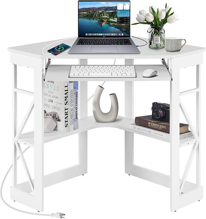 VECELO Corner Desk, Triangle Computer Desk for Small Space with Charging Station and Keyboard Tray, Corner Makeup Table with Storage Shelves for Home Office Bedroom, 41x30, White
