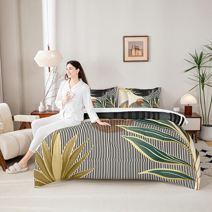 Erosebridal Mid Century Modern Bedding Sets Queen Boho Botanical Minimalist 7 Piece Comforter Set,Vintage Line Art Bed in a Bag Modern Simple Aesthetic Sheet Set with Comforter,Black Beige