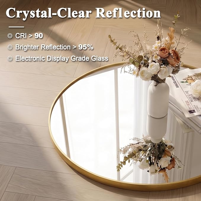 ANDY STAR Round Gold Mirror, 28 Inch Brass Round Mirror, Brushed Brass Bathroom Mirrors for Over Sink, Decorative Wall Mirrors, 1 Inch Deep Set Design, Ideal for Home Remodel, Hanging or Leaning
