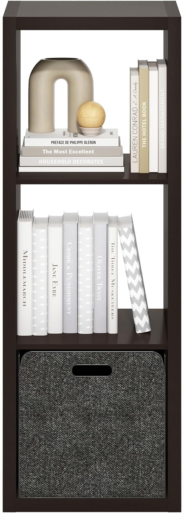 Furinno Cubicle Book Shelf, 3-Cube Bookshelf, Extra Thick Frame Horizontally & Vertically Reversible Bookcase with Open Back, 14.6" x 16" x 44", for Living Room, Bedroom, Home Office, Black Dark Oak