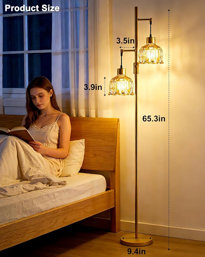 2-Light Modern Glass Floor Lamp, Gold Tall Standing Lamp with Amber Flower Glass Shade for Reading, Dimmable LED Floor Lamp with 5Lbs Heavy Base for Living Room Bedroom Home Decor, Bulb Included