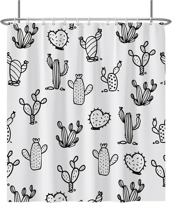 Baocicoo Cartoon Cactus Shower Curtain Tropical Plants Mexican Texas Minimalism Black and White Decorative Artistical Shower Curtains for Home Bathtubs Bath Waterproof Fabric with Hooks 72x78 Inches
