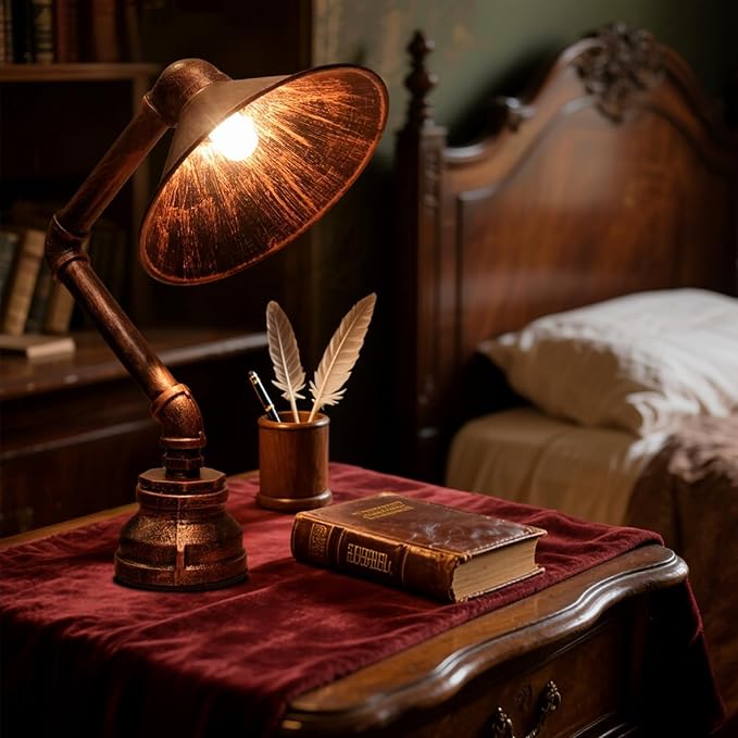 Steampunk Table Lamp, Industrial Water Pipe Lamp Retro Iron Piping Desk Lamp Vintage Nightstand Lamps for Bedroom Living Room Kitchen Café Dorm Pub Brown1