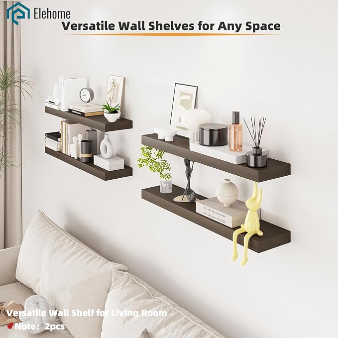 Floating Shelves Board for Wall with Brackets –42" L x 8" W x 2" T Rich Walnut Melamine Wood Floating Shelves for Bathroom, Kitchen & Living Room Set of 2– DIY & Replacement