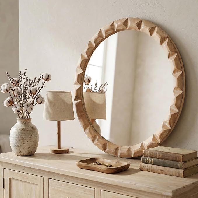 Solid Wood Wall Mirror, 24 Inch Round Hand-Carved Pine Wood Frame Circle for Wall Decor, Rustic Farmhouse Mirror for Bathroom, Living Room, Entryway, Natural Wood