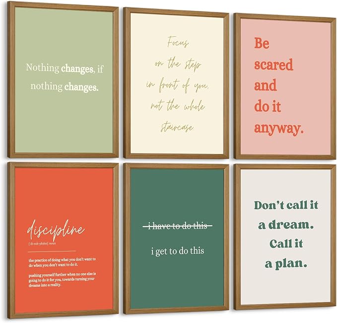 Office Wall Art Motivational Posters Inspirational Quote Canvas Wall Decor Office Positive Pictures Inspirational Classroom Art Motivational Work Prints for Gym Home 12x16 Inch Framed Set of 6