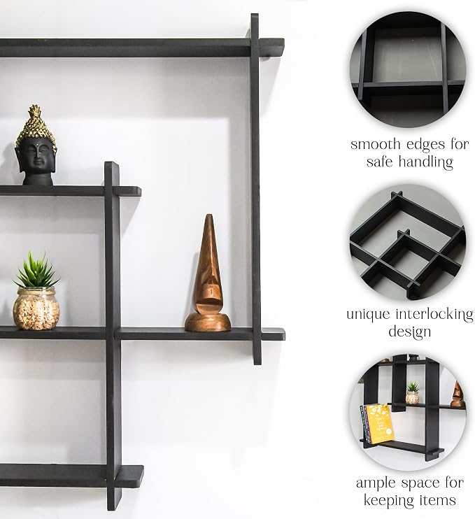 Modern Wall Mounted Zigzag Shelf Rack – Decorative Wooden Floating Display Unit for Living Room, Bedroom & Office Decor (Black)