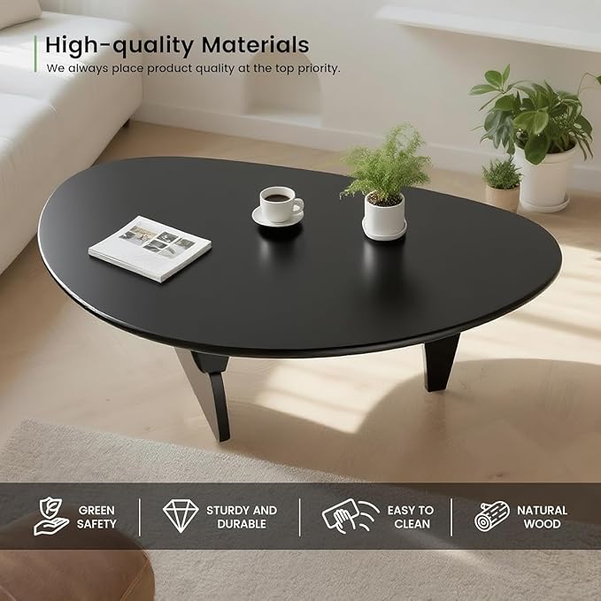 Solid Wooden Modern Triangle Coffee Table: Unique Funky Coffee Tables for Living Room, Oval Mid-Century Irregular Abstract Tea Tables for Patio Office Balcony Bedroom (Black, 33" L x 22" W x 16" H)