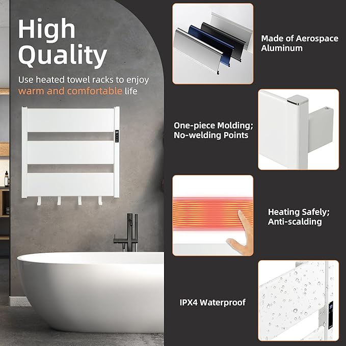 K&KALONZO Towel Warmer for Bathroom, Wall-Mounted Heated Towel Rack with Built-in Timer, Waterproof Alumnimum Electric Towel Heater, Support Plug-in and Hardwired, White, H3-W