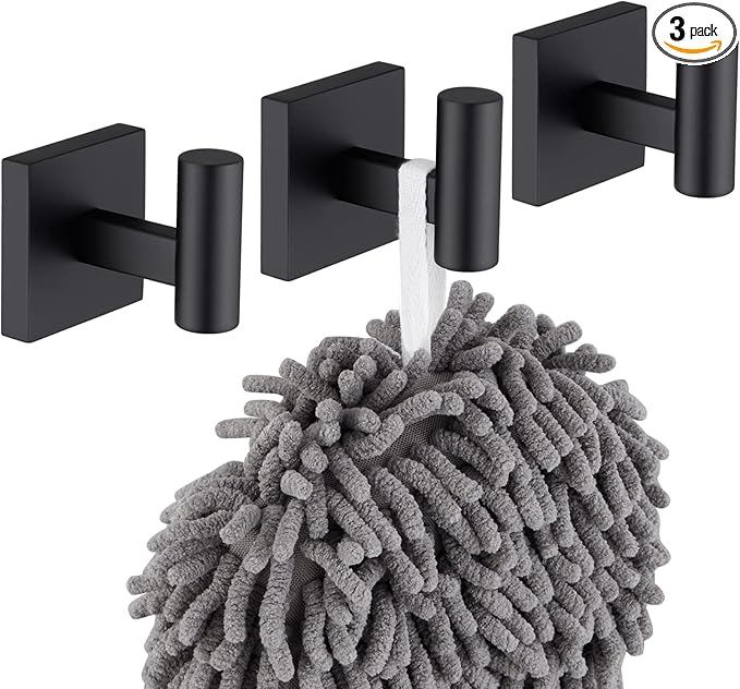 KOKOSIRI Robe Hook Bathroom Towel Coat Hooks Matte Black for Bath Kitchen Wall 3 Pack Stainless Steel B1013BK-P3