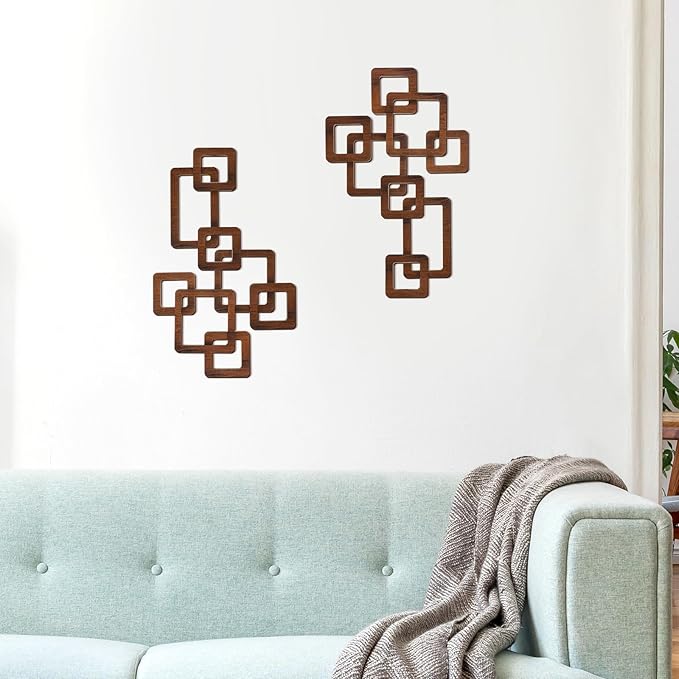 CroBlissful 2 Pcs Wooden Mid Century Modern Wall Decor 3D Mid Century Modern Elegance Wall Accents Vintage Abstract Geometric Panels Art for Home Room(Classic Style,Brown)