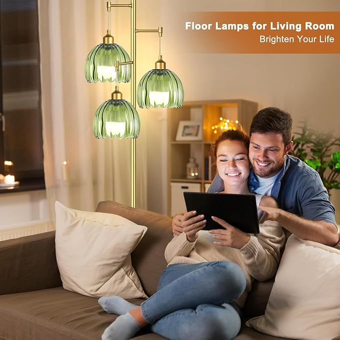 ZECOXOL Gold Floor Lamps for Living Room Bedroom-3 Light Glass Floor Lamp with Three Led Bulb, Rustic Tall Floor Lamp Gold Standing Lamp Tree Floor Lamps for Living Room Bedroom,Office,Corner