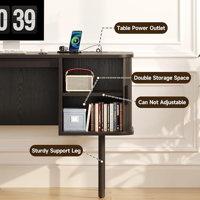 ONBRILL 55 Inch Fluted Computer Desk with Charging Station, Mid Century Executive Desk with 2 Storage Cabinets, Modern Home Office Large Desk with Metal Legs for Working, Studying, Writing, Black