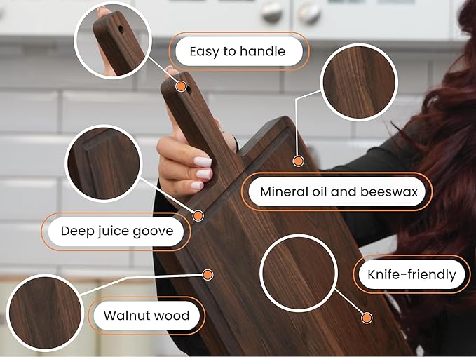 Premium American Dark Walnut Wood Cutting and Serving Board with Handle - Charcuterie Wooden Board - Durable, Stylish, and Versatile - Juice Groove - 19x11x0.8 in - Woodie Poppins (Large)