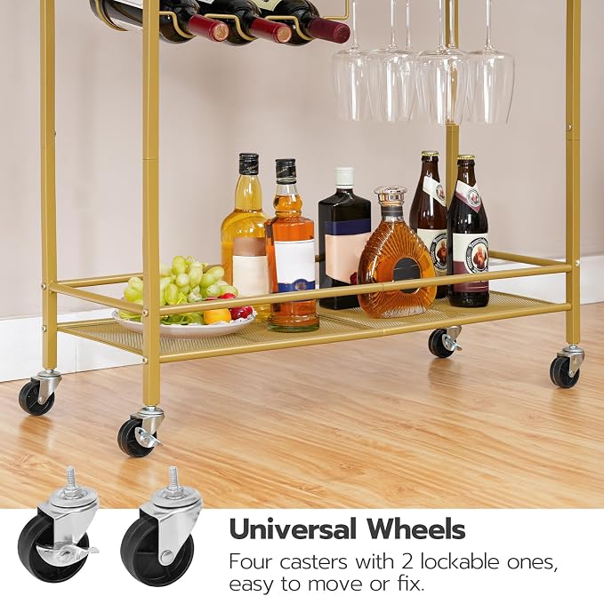 HOOBRO Bar Cart for The Home, Gold Bar Cart, 2-Tier Home Bar Serving Cart with Wine Rack and Glass Holder, Bar Carts with for Bar, Kitchen, Dining Room, Living Room, Gold GD11TC01