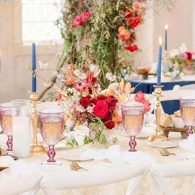 JLYLOL Plastic Wine Glasses 24Pcs Plastic Goblets 7.5oz Colored Retro Embossed Glassware Vintage Stemmed Drinking Cup Reusable Water Goblets for Wedding Reception Grand Event Party Bar,Whiskey (Pink)