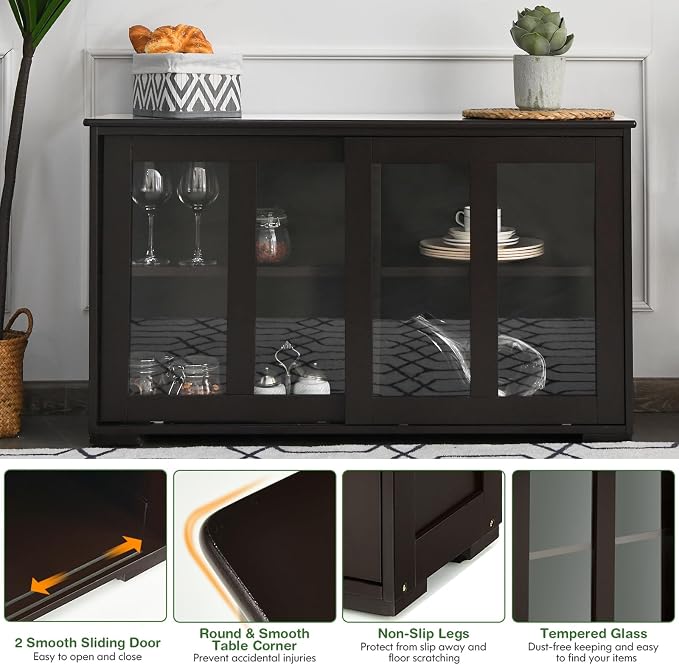 Byroce Sideboard Buffet Cabinet, Stackable Storage Coffee Bar Cabinet with Adjustable Shelf & Glass Sliding Doors, Wood Cupboard Credenza Console Table for Kitchen Dining Living Room (1, Coffee)