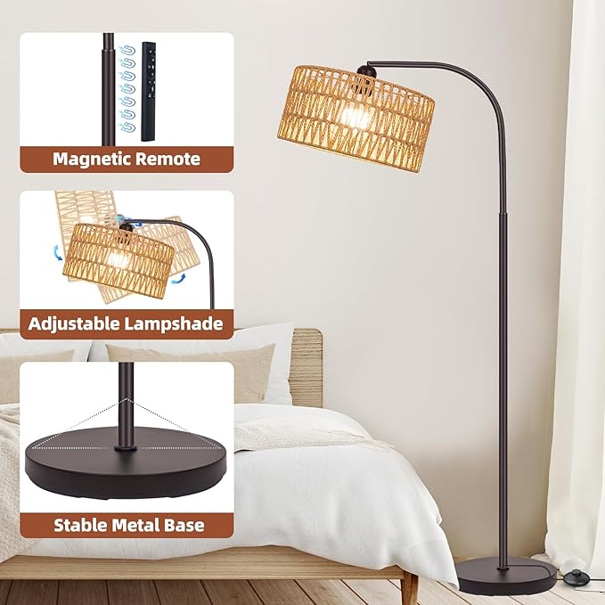 Boho Floor Lamp with Dimmable Bulb, Rattan &Linen Double Shades, Bronze Boho Standing Tall Lamps with Foot Switch, Bohemian Floor Lamps for Living Room, Bedroom, Office