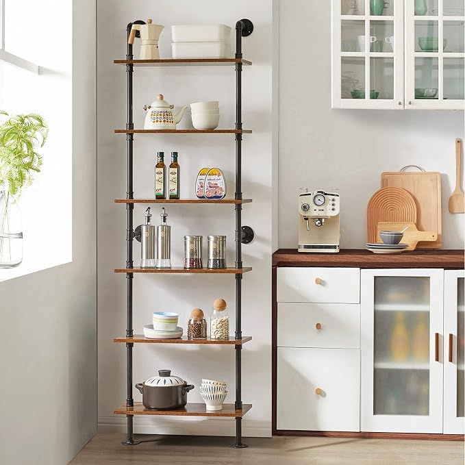 YMYNY Industrial Pipe Ladder Shelf, 6-Tier Wall Mounted Bookcase with Metal Frame, 78.7" Open Bookshelf, Multifunctional Storage Rack for Home Office, Living Room, Plant Stand, Rustic Brown, RF-TM018