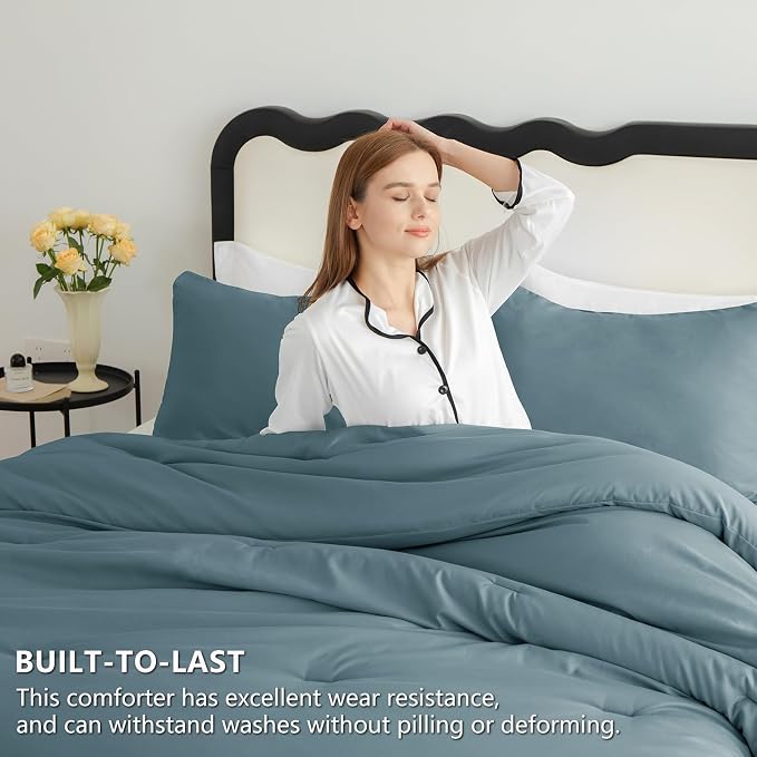 CozyLux California King Comforter Set Mineral Blue, 3 Pieces Cal King Lightweight Down Alternative Quilted Bedding Sets, All Season Breathable Solid Comforter with 2 Pillowcases, Bed Set Gift for Home