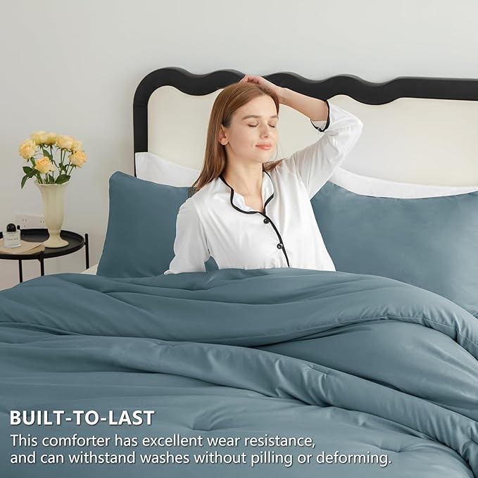 CozyLux King Size Comforter Set Mineral Blue, 3 Pieces Lightweight Down Alternative Quilted Bedding Sets, All Season Soft Breathable Solid Comforter with 2 Pillowcases, Luxury Bed Set Gift for Home