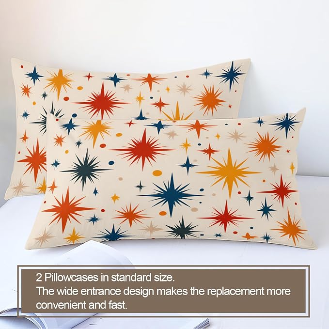 Retro Atomic Duvet Cover King Size, Vintage 50s Mid Century Bedding Set 3 Piece Bedroom Decor Abstract Star Patterned Comforter Cover with Zipper Ties & 2 Pillowcases