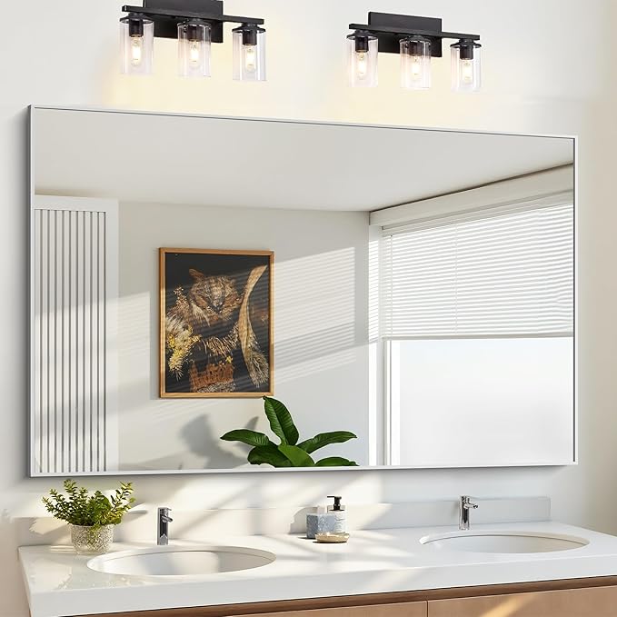 KOCUUY Silver Bathroom Mirror, 60"x36" Large Rectangle Bathroom Mirror for Wall, HD Tempered Glass, Anti-Rust Brushed Silver Frame, Modern Design for Bathroom, Bedroom, Hang Horizontal/Vertical