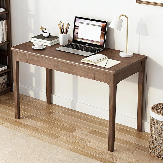 Solid Wood Desk with Drawers, Mid Century Modern Home Office Writing Desk, Vintage Computer Desk with Storage for Living Room, Bedroom(100x56x75cm, Walnut)