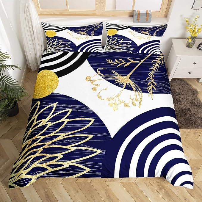Erosebridal Navy Blue Boho Modern Duvet Cover Full Size for Women Men Adults - Mid Century Abstract Comforter Cover Bohemian Geometric Bedding Set Chic Contemporary Stripes Bed Set